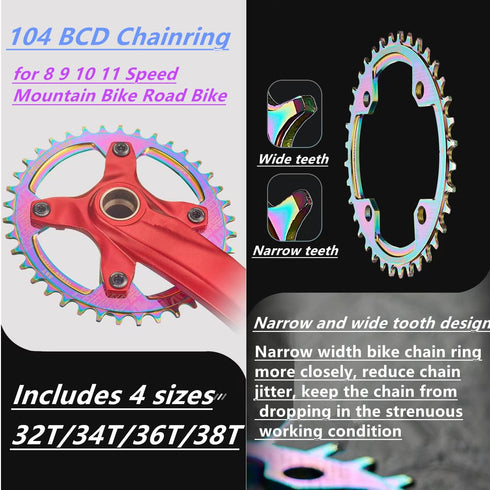 YBEKI 32T 34T 36T 38T Chainring, 104BCD Round Narrow Wide Single Bike Chainring for 8-11 Speed MTB Road
