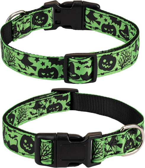 Halloween Dog Collar, Soft Comfy Collar with Spooky Ghost Skull Bat Cat Witch Tree Hat Pumpkin Pattern for Small Medium