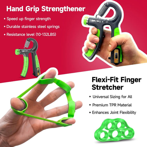 FitBeast Hand Grip Strengthener Workout Kit (5 Pack) - Adjustable Resistance Hand Gripper, Finger Stretcher, Grip Ring