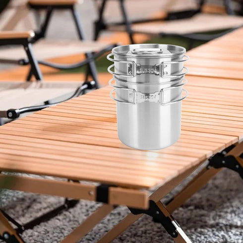 Set,Stainless Set Set Backpacking Zerodis Camping Cook Steel Outdoor Cookware with Lid Foldable Camping Pot and Pan
