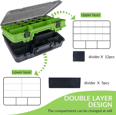THKFISH Fishing Tackle Box Organizer, Double Layer Storage Box with Adjustable Dividers, 14.96 * 10.23 * 4.5in Green