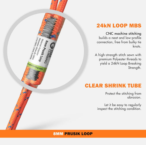 GM CLIMBING 8mm (5/16") Prusik Loop Pre-Sewn, 18 inches / 24 inches