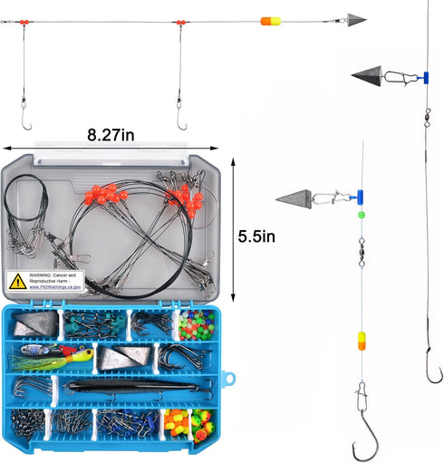Surf Fishing Tackle Kit with Ocean Saltwater Fishing Lures, Rigs, Pyramid Sinker Weight & Hooks