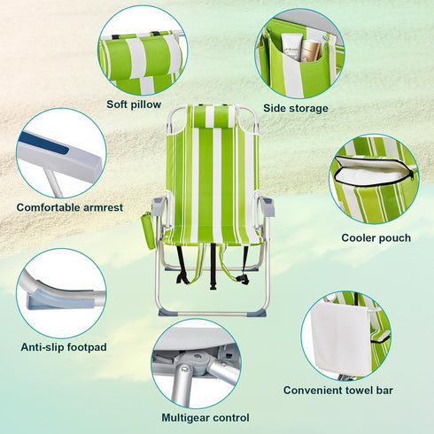 Pinikuyiro Backpack 5-Position Folding Beach Chairs,Portable Lay Flat Foldable Chair with Cup Holder and Towel Bars