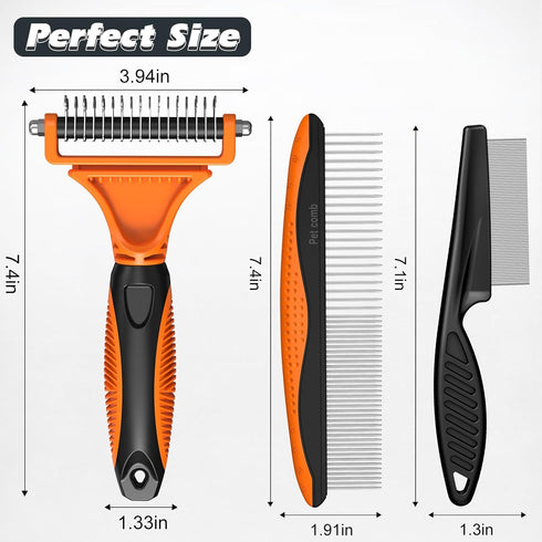 UGNEL 3PCS Pet Grooming Rake & Metal Comb & Flea Comb for Cats and Dogs, Double-Sided Dematting Tool, Extra-Wide