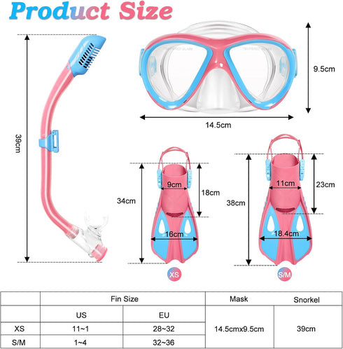 5-15, 4 1 Set Set Snorkeling Gear for Kids Ages in Mask Fins Snorkel with HD Tempered Glass Panoramic View Anti-Fog