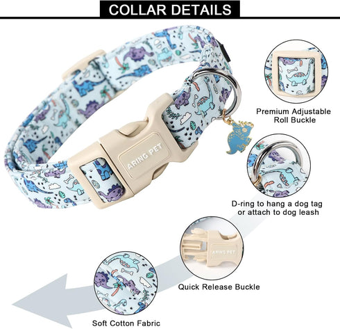 ARING PET Dinosaur Dog Collar, Adjustable Cute Dog Collar for Small Medium Large Dogs, Dinosaur Print.