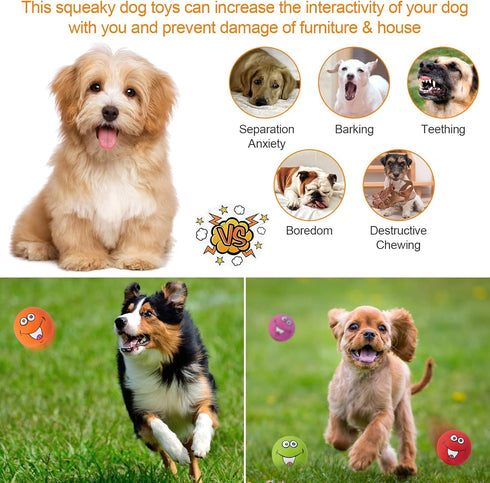 Squeaky Dog Toys Chewing Durable Teething Latex Rubber Balls with Funny Smile Face for Small Medium Dogs (6PCS)