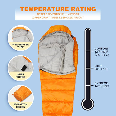 Mummy Sleeping Bag 14-59 ?, 3-4 Season Warm & Cool Weather Lightweight Washable for Outdoor Camping Hiking Travel