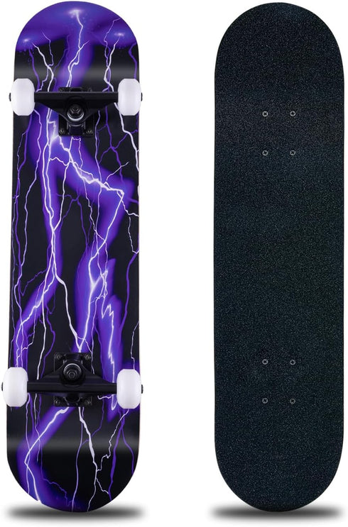 Skateboard, 31 x 8 Inch Complete Skateboard, 8-Layer Maple Wood Deck Double Kick for Kids, Teens, Adults