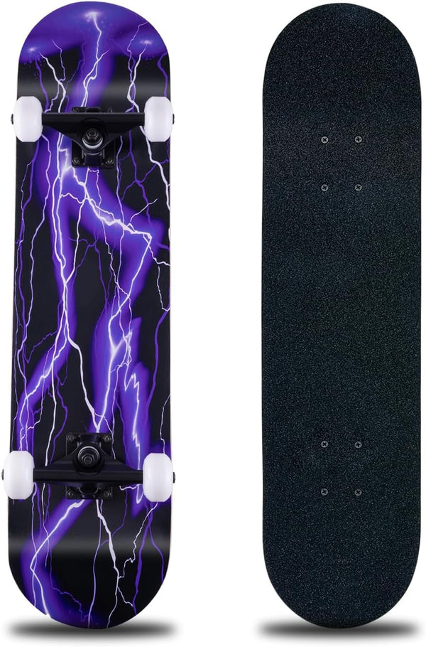 Skateboard, 31 x 8 Inch Complete Skateboard, 8-Layer Maple Wood Deck Double Kick for Kids, Teens, Adults