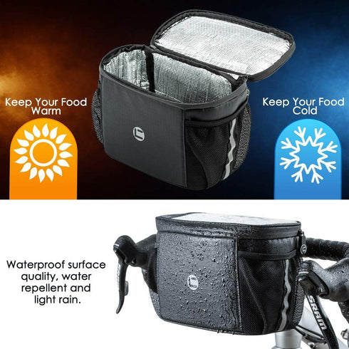 WOTOW Bike Handlebar Insulated Bag, Front Phone Bag Cooler Storage Pouch with TPU Touch Screen for Cycling Accessories