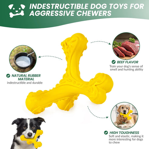 Indestructible Dog Chew Toys for Aggressive Chewers, Durable Cleaning Toothbrush Natural Rubber Bones Toy (Yellow)