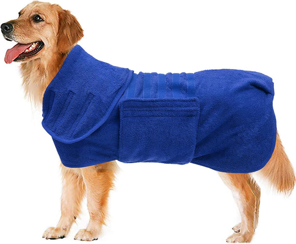 Geyecete Fast Drying Dog Drying Coat - Luxuriously Soft Microfibre Bath Robe Towel, Blue, Size S