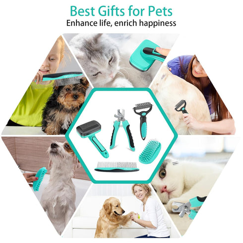 5 PCS Self Cleaning Slicker Brush & Pet Grooming Rake & Bath Brush & Nail Clippers & Pet Comb for Dogs