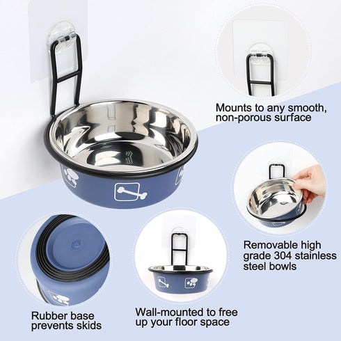 Cat Feeder, Wall Mounted, Raised Stainless Steel Bowls with Stand, Nonslip No Spill, 2 Packs (Blue)
