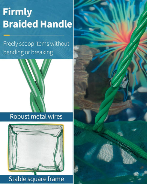 Pawfly Aquarium Fish Net with Braided Metal Handle, Square Soft Mesh Cleaning Net for Fish Tanks
