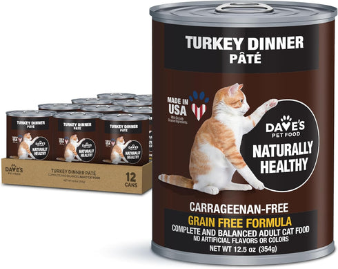 Dave's Pet Food Grain Free Wet Cat Food, Turkey, 12.5 oz Cans, Case of 12, Made in USA with Added Vitamins