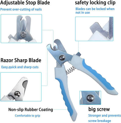 5 Pieces Dogs and Cats Grooming Nail Clippers Kit, Professional Trimmers with Protective Guard Lock (Blue)
