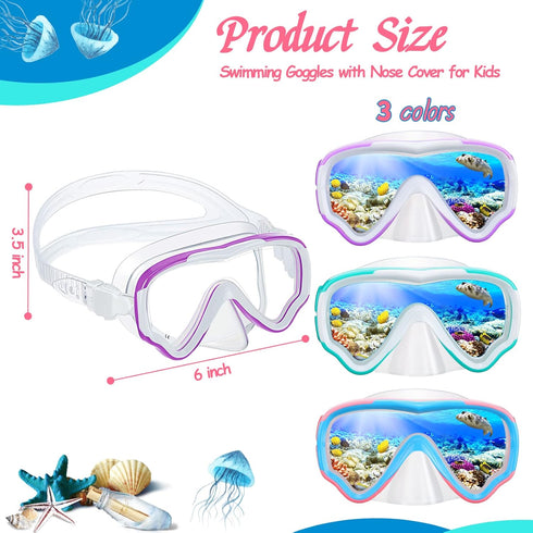 Yexiya 3 Pack Kids Swim Goggles, Silicone Anti Fog Diving Mask with Nose Cover for 6-14 Boys Girls Youth