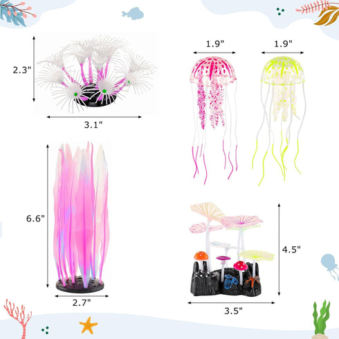 Lpraer 5 Pack Glow Aquarium Decorations, Kelp Coral Mushroom Jellyfish Simulation Plants for Fish Tank
