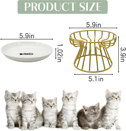 BNOSDM Elevated Cat Plate, Shallow Ceramic Dish with Gold Stand, Whisker Fatigue Flat Bowl for Indoor Small Cats and