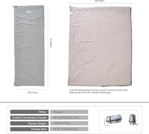 Ultralight Backpacking Sleeping Bag 1.7lbs, Warm Weather 50?-63?, Waterproof Compact Lightweight