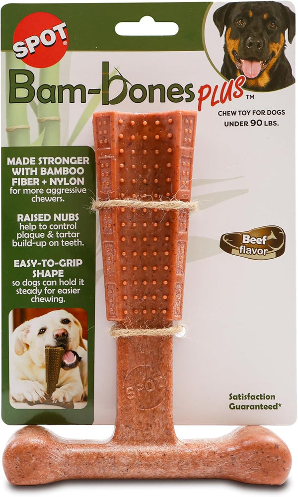 SPOT Bam-bones PLUS T Bone, Durable Bamboo Fiber & Nylon Chew Toy for Aggressive Chewers, 7in