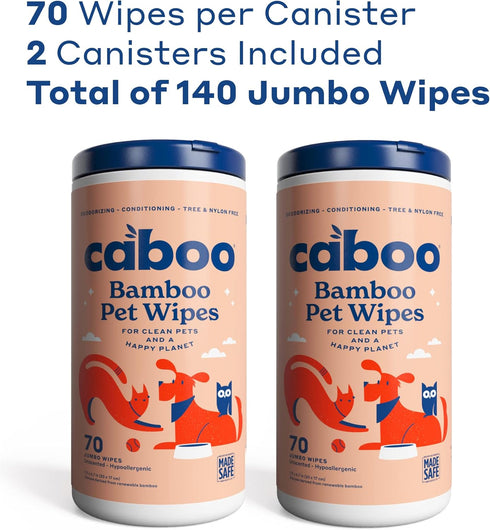 Caboo Tree Free Pet Wipes for Dogs & Cats, Natural Deodorizing Hypoallergenic Cleaning Wipes, 2 Canisters, 140 Jumbo
