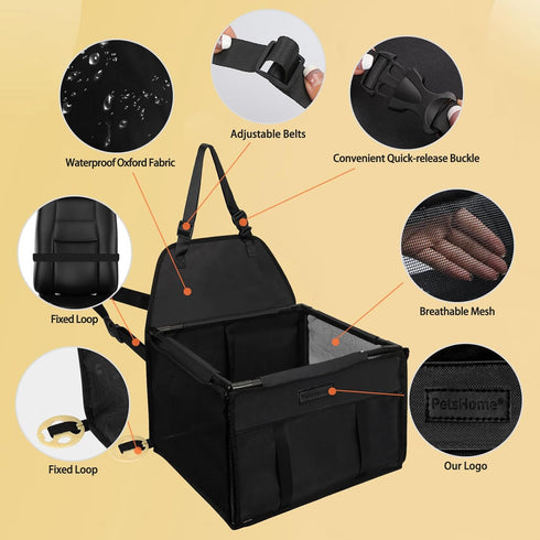 PetsHome Upgrade Dog Car Seat, Foldable Booster Seat with 12 PVC Tubes, Waterproof for Small to Medium Dogs, Pure Black