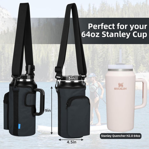 Water Bottle Carrier Bag with Phone Pocket for Stanley 30/40/64oz Tumbler, Adjustable Strap Holder Pouch