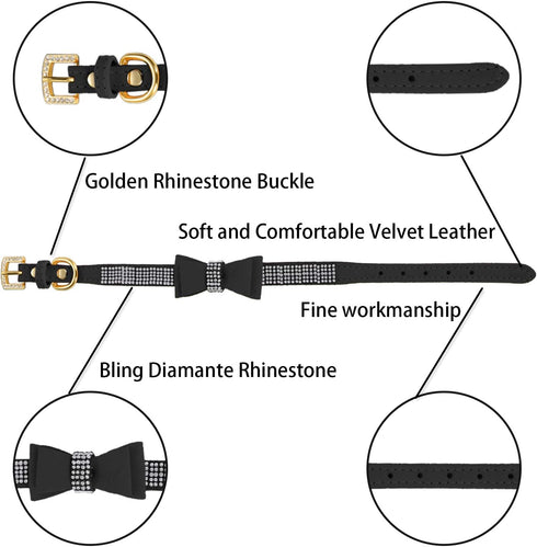LOVPE Crystal Dog Collar - Velvet Leather with Bow-Knot Tie Rhinestone for Small Dogs & Cats (Black, S)