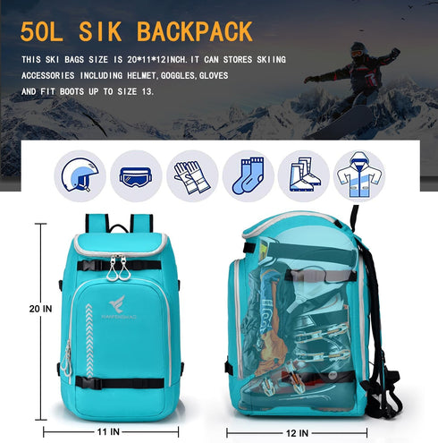 Ski Boot Bag, 50L Waterproof Travel Backpack for Ski & Snowboard Boots and Accessories