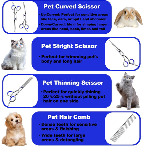 7-in-1 Dog Grooming Scissor, Pet Grooming Scissor for Dogs, Professional Dog Grooming Kit with Safety Round Tips