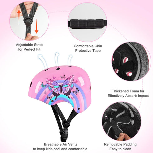 Kids Bike Helmet Skateboard Helmet for 8-14 Years, Adjustable Butterfly Scooter Helmets