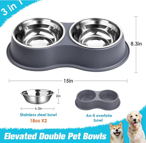 Dog Bowls Double Dog Water and Food Bowls Stainless Steel Bowls with Non-Slip Resin Station, Pet Feeder Bowls for Puppy Medium Dogs Cats