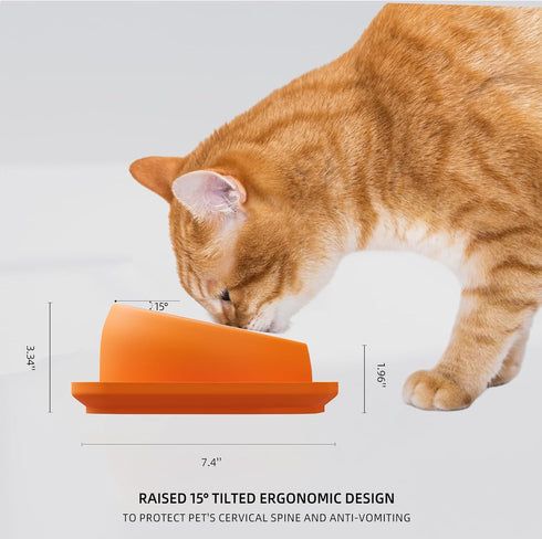 Elevated Cat Food Bowl, Tilted Feeding Stand, Whisker Friendly Slanted Feeder, Orange