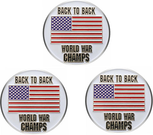 Value Pack of 3 Back to Back World War Champs Golf Ball Markers, Magnetic American Flag Golf Ball Markers