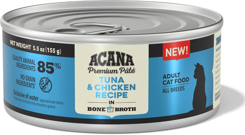 5.5oz (12 count) ACANA Premium Pate Wet Cat Food in Bone Broth Tuna + Chicken Recipe Cans