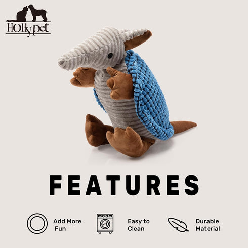 10 Hollypet Plush Dog Squeaky Toy Stuffed Armadillo Animal Pet Puppy Chew Toys with Clean Teeth for Small Medium Large
