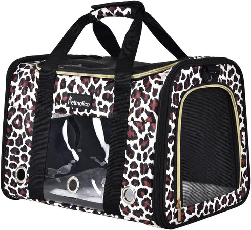 Petmolico Cat and Dog Carrier, Airline Approved Soft Travel Carrier with 3 Open Doors, Leopard
