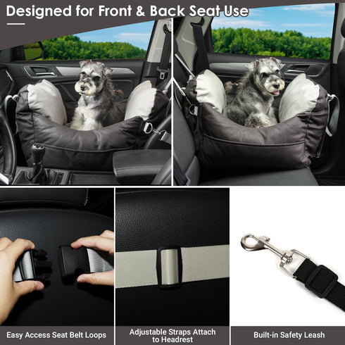 Leath-Aire Dog Car Seat for Small Dogs, Waterproof Booster Seat with Storage Pockets and Clip-On Safety Leash, Portable