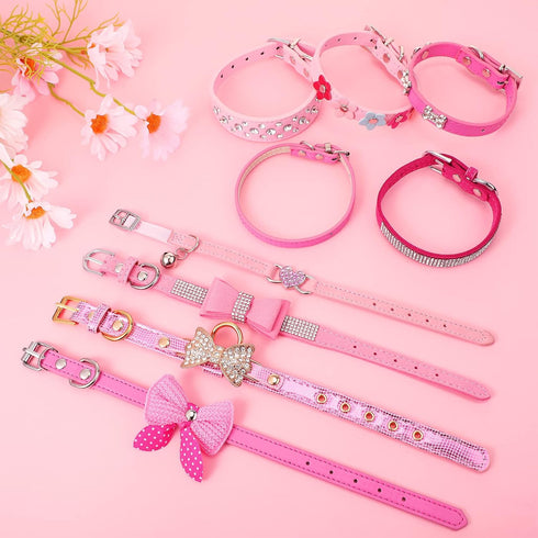 9 Pieces Pink Rhinestones Dog Collar, PU Leather Bling Crystal Collars with Bow, Bone, Heart, Flower for Pets