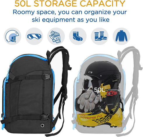 WOLT Ski Boot Backpack Bag - 50L Durable Travel Backpack for Ski Gear, Helmet, Goggles, Gloves, Snowboard