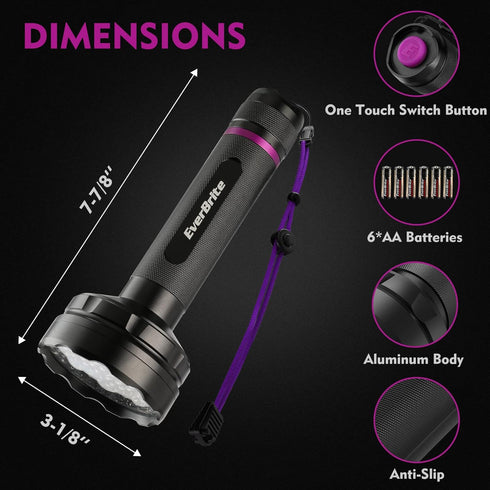 EverBrite UV Flashlight, 100 LED Blacklight Flashlight, 395nm for Pet Urine Detection, Batteries Included