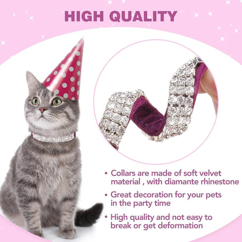 BINGPET Adjustable Diamond Cat Collar, Soft Velvet Leather Kitten Collar with Shiny Rhinestones and Bells, Purple