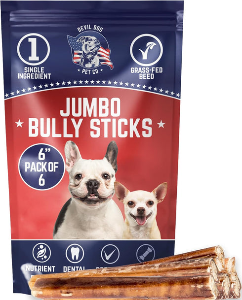 Devil Dog Pet Co. Jumbo Bully Sticks – 6 Inch 6 Pack Chew Treats, 100% All Natural, Free-Range Grass-Fed Beef