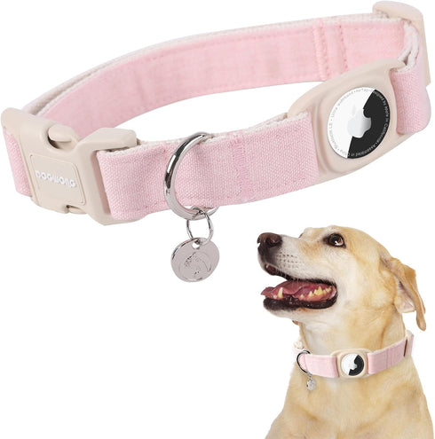 DOGWONG Airtag Dog Collar, Heavy-Duty Cotton Hemp, Pink, with Airtag Holder for Small Medium Large Dogs