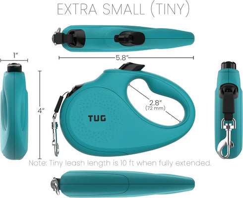 TUG Monochrome Tiny Retractable Dog Leash - 360° Tangle-Free Cat Leash, 10 ft Strong Nylon Tape (Tiny, Aqua)