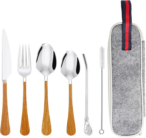 Daily Treasures 6Pcs Stainless Steel Portable Cutlery Set,Wooden Handle Camping Utensils with